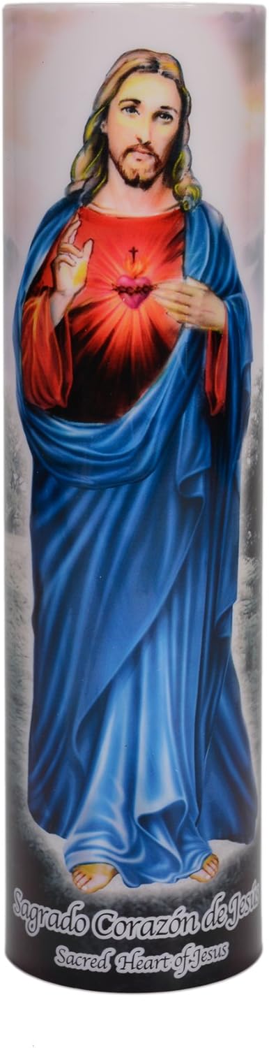 Sacred Heart of Jesus LED Flameless Devotion Prayer Candle, Religious Gift, 6 Hour Timer for More Hours of Enjoyment and Devotion! Dimensions 8.1875" x 2.375".