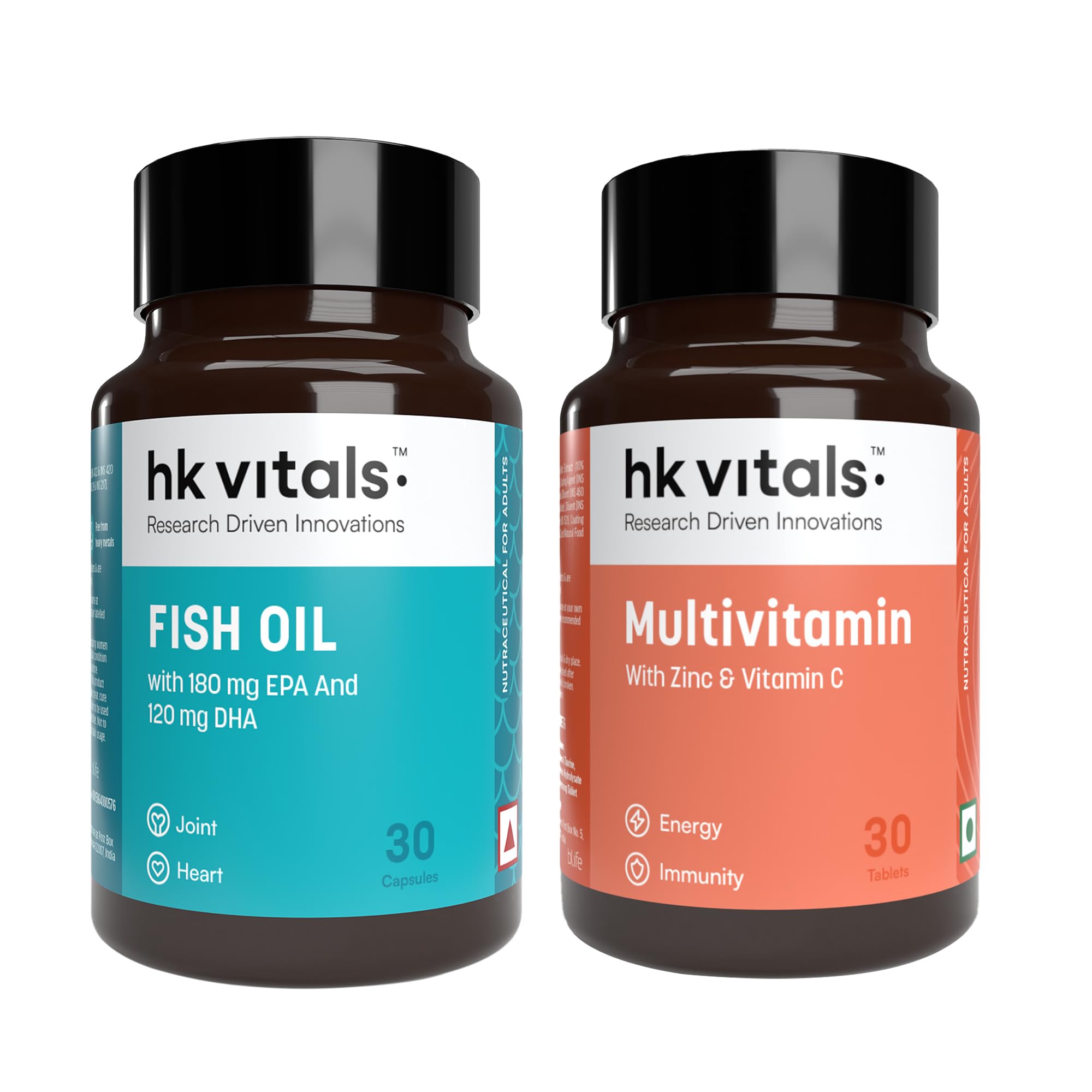 hk vitals Fish Oil and Multivitamin (30 Tablets Each) Combo Pack | 1000mg Omega 3 with 180mg EPA & 120mg DHA | Enhances Energy, Immunity & Joints Health
