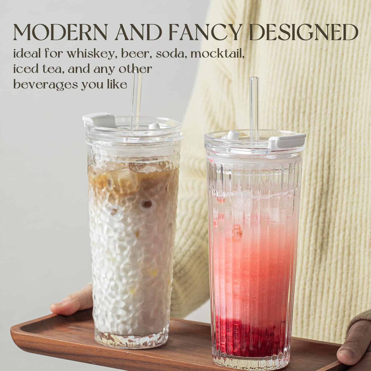 KEMORELA Ribbed Glass Tumbler with Straw and Lid – 18oz Durable Leak-Proof Drinking Cup for Hot and Cold Beverages – Stylish Design, Ideal for Iced Coffee, Smoothies, and More (2PCS-A) - Image 7