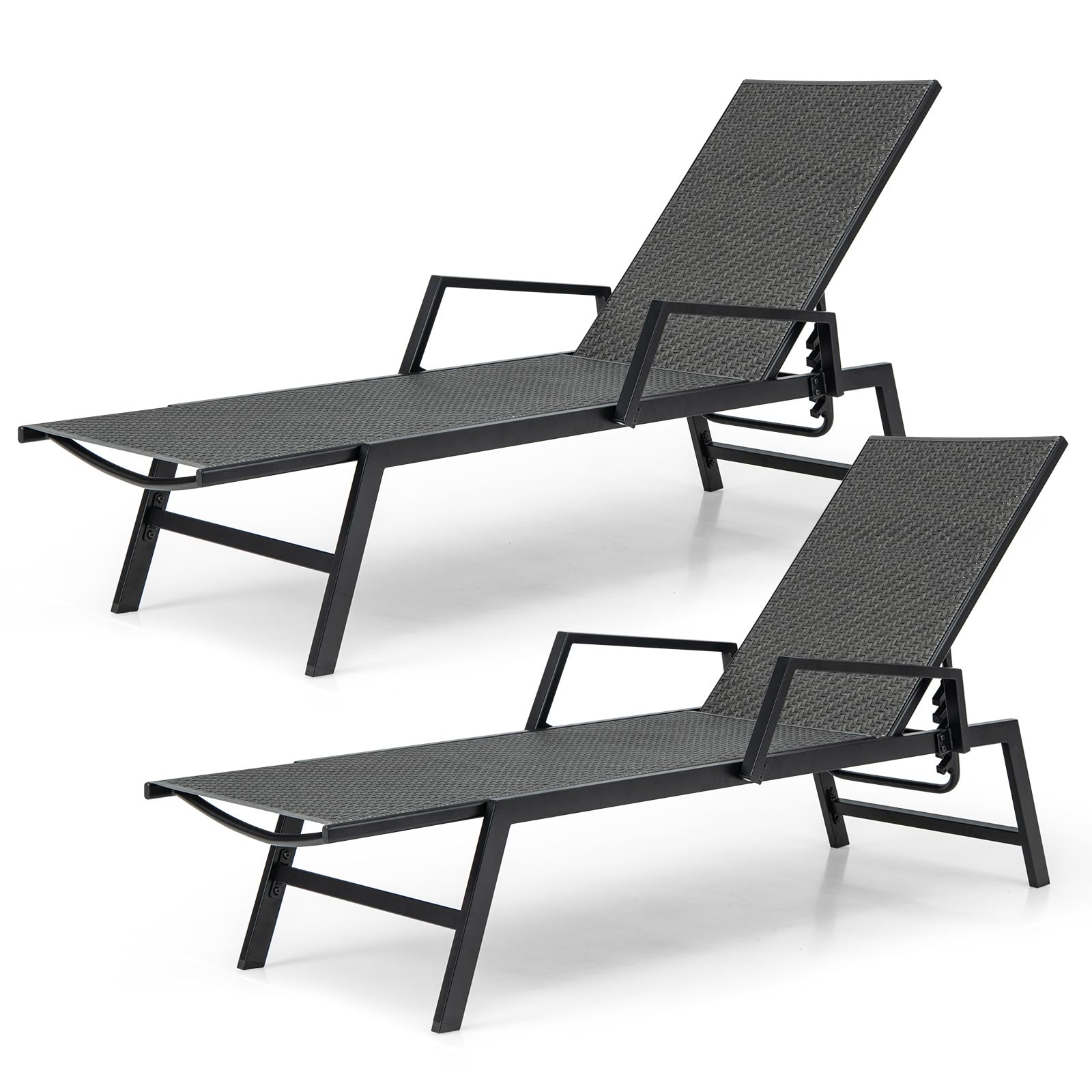 LIFEZEAL Transat Jardin Extérieur avec Dossier Inclinable en 5 Positions, Chaise Longue en Rotin PE avec Accoudoirs, Bain de Soleil pour Plage, Piscine, Terrasse, Balcon, Charge 150 kg (Noir)