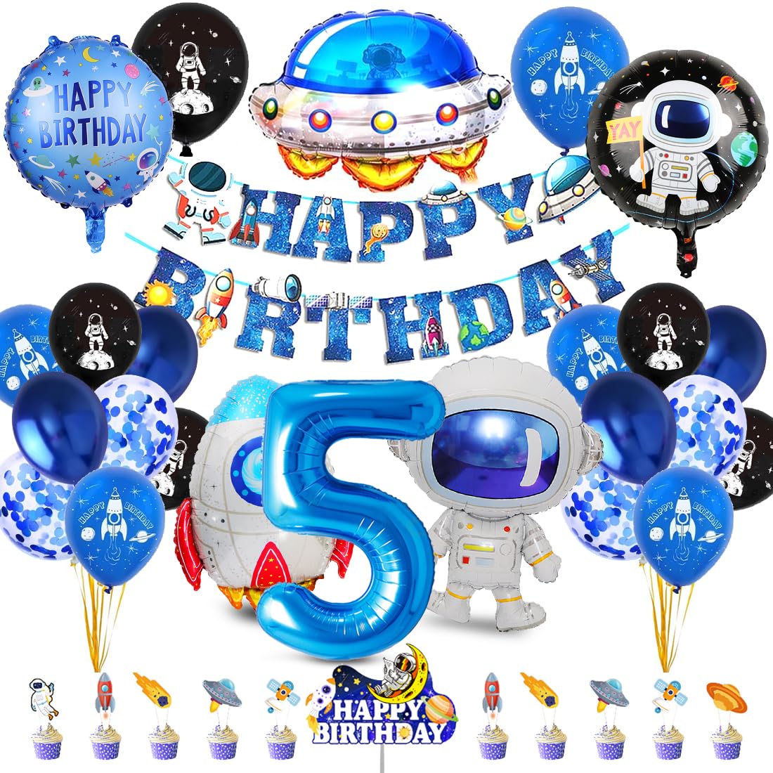 Space Children's Birthday Decoration, Birthday Decoration 5 Years Boy, Space Decoration Birthday 5, Astronaut Foil Balloon, Balloon Rocket, Cake Decoration Space for 5 Years Children's Birthday Party