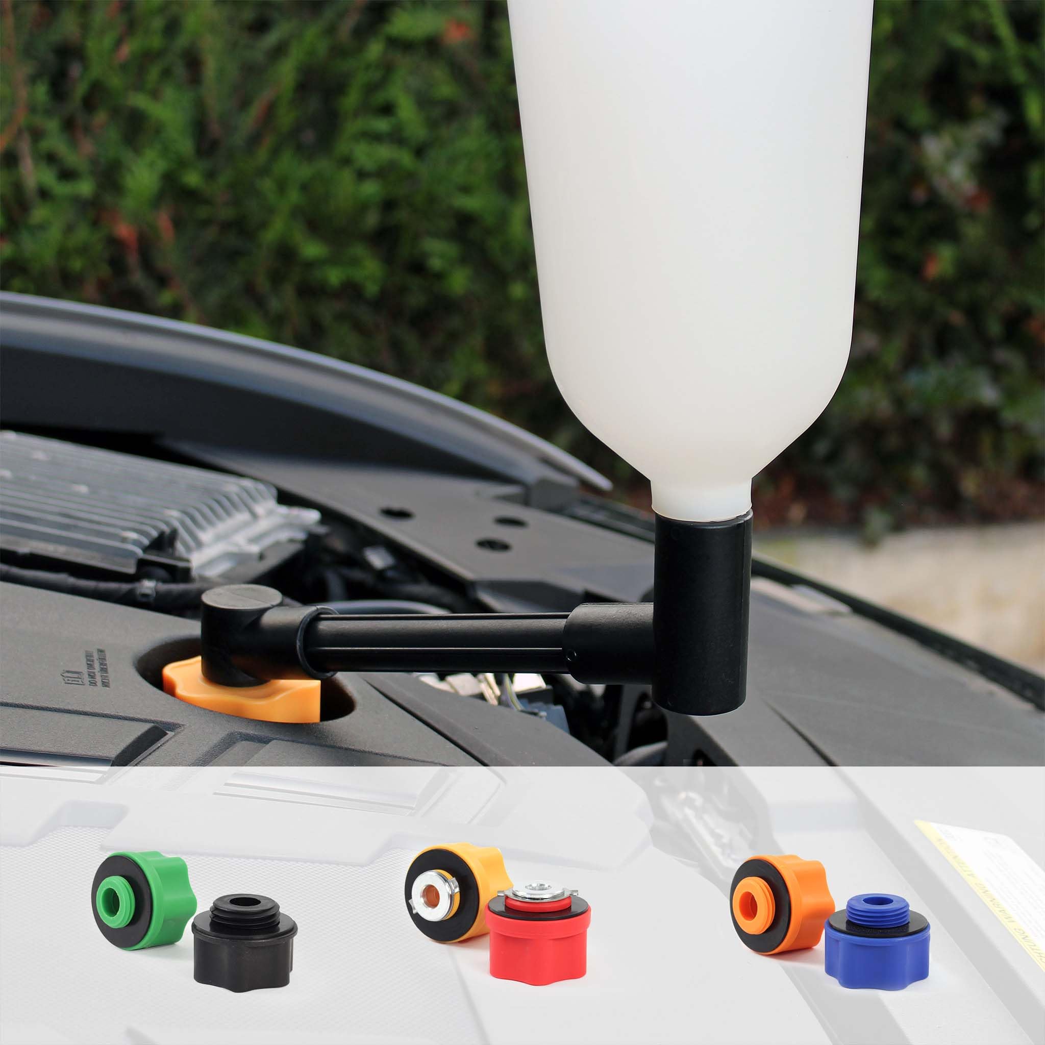 XPOtool Kit de Trémie de remplissage d’huile 8 pièces - avec Entonnoir, Bras rallonge et 6 adaptateurs M32, M35, M37, M42, 2 avec baïonnette - Remplissage moteur automobile