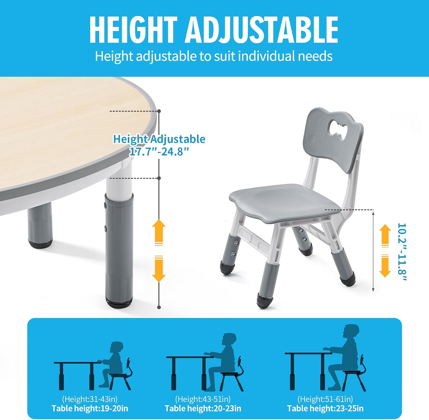 UNICOO Kids Round Activity Table and Chairs Set, Height Adjustable Plastic Children Art Desk with 2 Seats, Kids Set Table Set