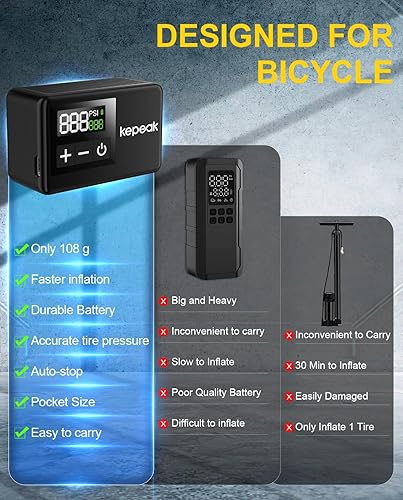 Miniatura 6 de KEPEAK Mini bomba de bicicleta, bomba de bicicleta con medidor de presión digital, inflador de neumáticos portátil para bicicleta con válvula Presta