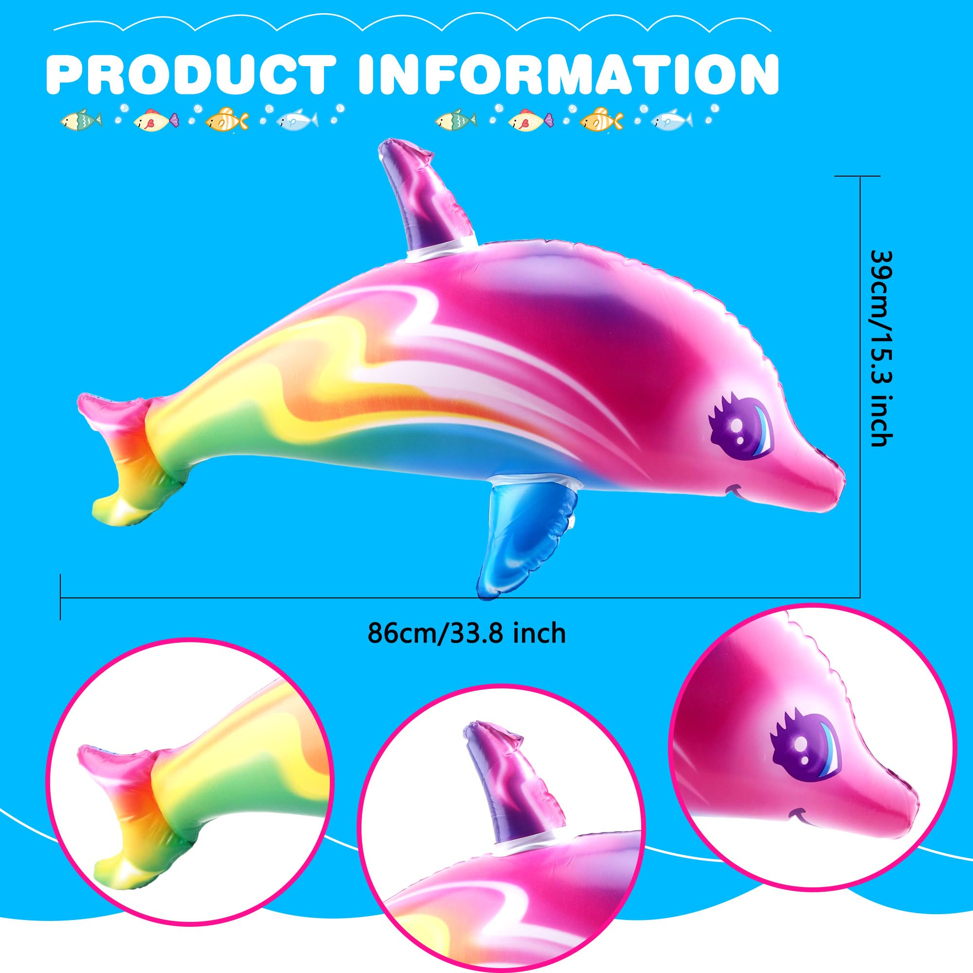 4 Pack 34 Inch Inflatable Dolphin Rainbow Colorful Dolphin Inflate Blow up Dolphin Inflatable Pool Toy for Swimming Pool Beach Birthday Water Theme Party Decoration