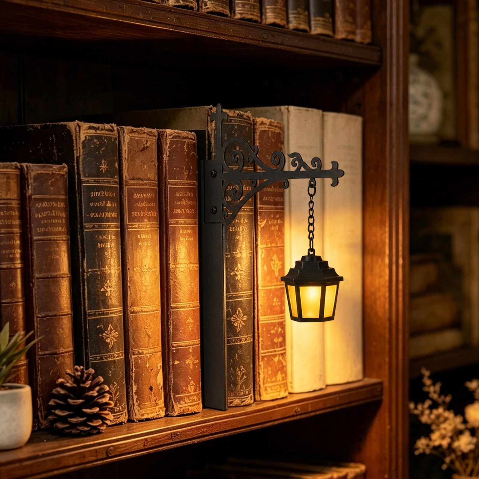 EliphonTowne Bookshelf Lantern Decor - Library Lantern Decorative Bookshelf Lighting, Nooklight for Bookshelf, Small Vintage Bookshelf Lamp for Reading Corner, Gifts for Book Lovers, Home Decor