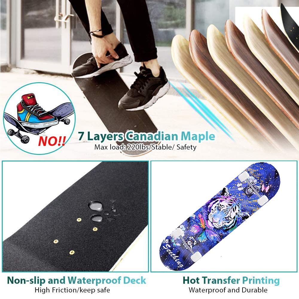 Skateboard completo con 7 strati di acero, tavola standard per ragazzi, ragazze, adolescenti, adulti e principianti, 78,7 cm x 20,3 cm, Blu