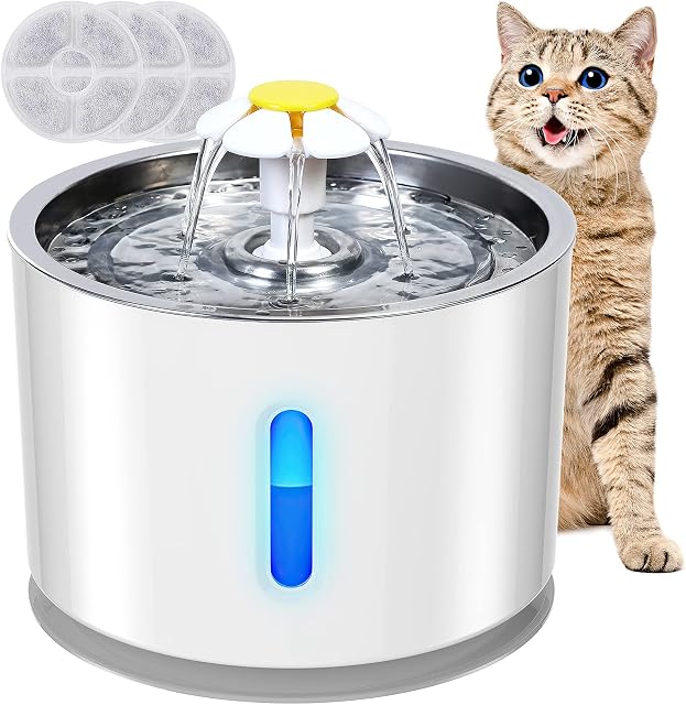 Petiigo Cat Water Fountain, Stainless Steel Cat Fountain 2.4 L Pet Dog Water Dispenser for Cats Dogs with LED Indicator Light & 3 Activated Carbon Cat Water Fountain Filters