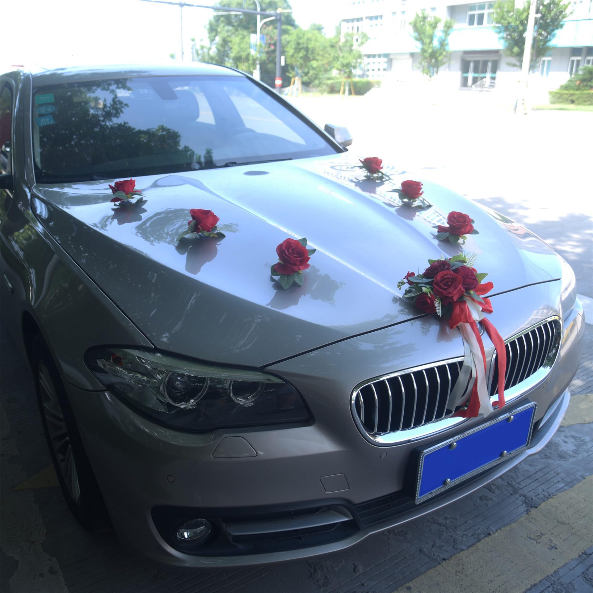 Wambere 1 Set Frontblumen Autoschmuck Hochzeitsschmuck Künstliche Rosendekoration Hochzeitsauto Deko Auto Schmuck Hochzeitsautodekoration für Hochzeit Empfang Zeremonie Party,Rosa