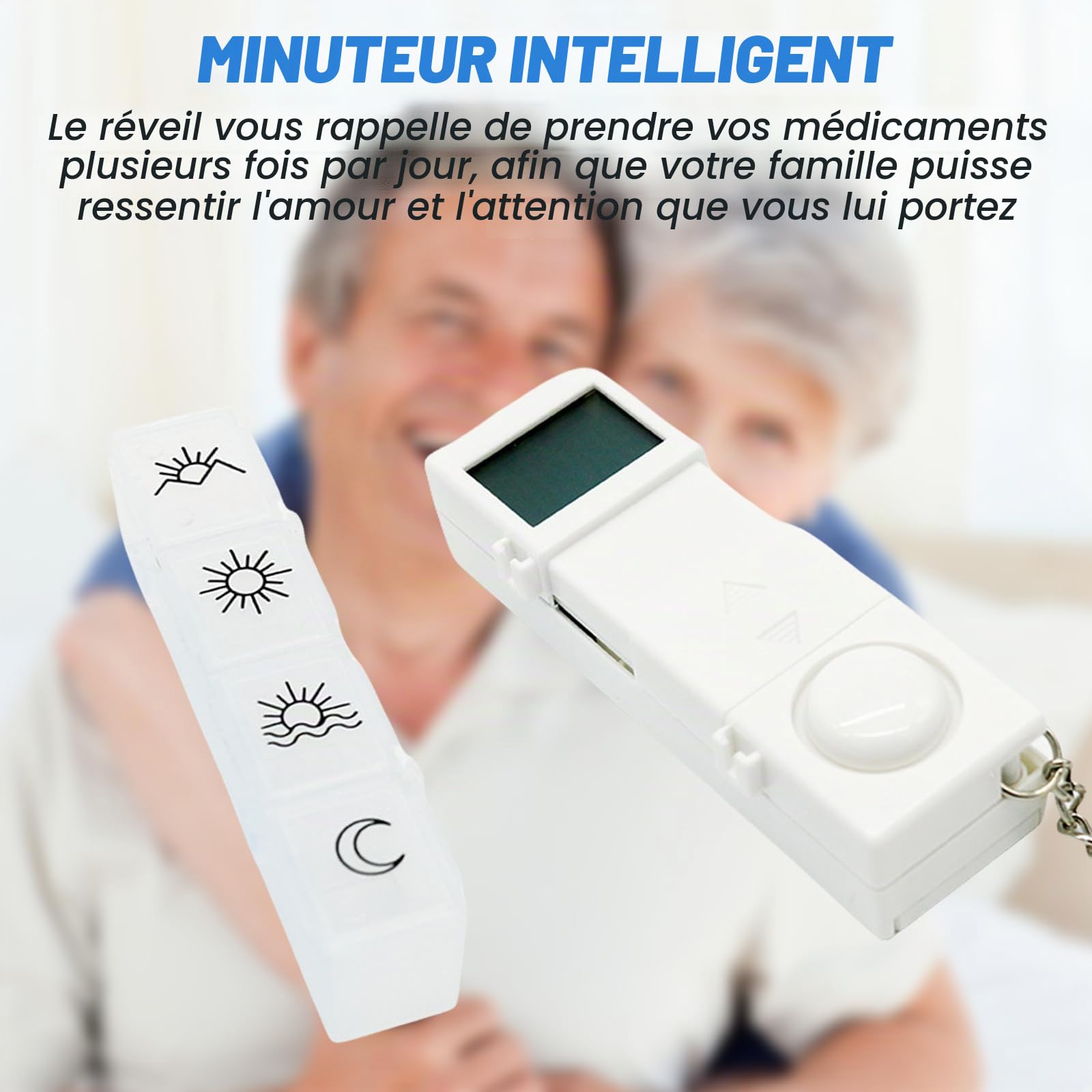 Sporgo Pilulier 7 jours avec alarme : pilulier 4 compartiments, boîte à médicaments 7 jours avec minuterie et rappel de réveil, distributeur de comprimés portable organisateur de médicaments