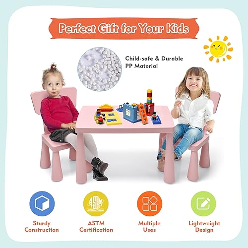 Miniatura 3 de COSTWAY Juego de mesa y sillas para niños de 3 piezas, centro de actividades infantiles de plástico ligero para leer, escribir, pintar, merienda,