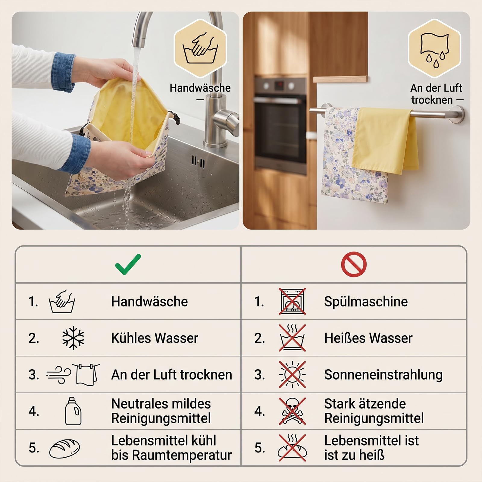 Bienenwachs Brotbeutel 2er-Pack – abnehmbare Brottaschen aus reiner Baumwolle mit Bienenwachsbeschichtung, wiederverwendbar, für Baguette, Bagel, Sauerteigbrot, Picknick, Küche, blaue Blumenmuster
