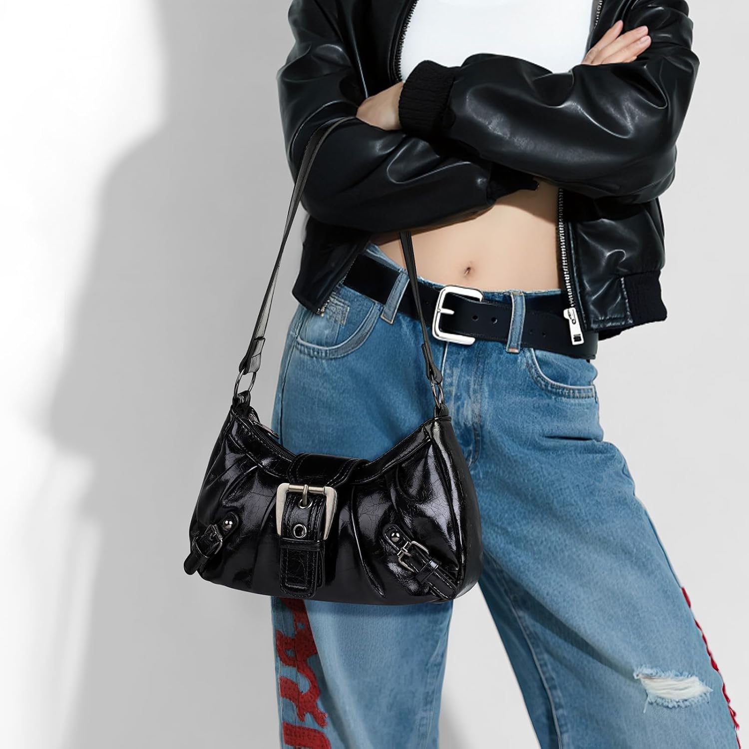 WantGor Women's Shoulder Bag, Clutch Tote Bags Top Handle Purse Zipper Handbag Buckle Punk Purses Trendy Underarm Bag - Image 7