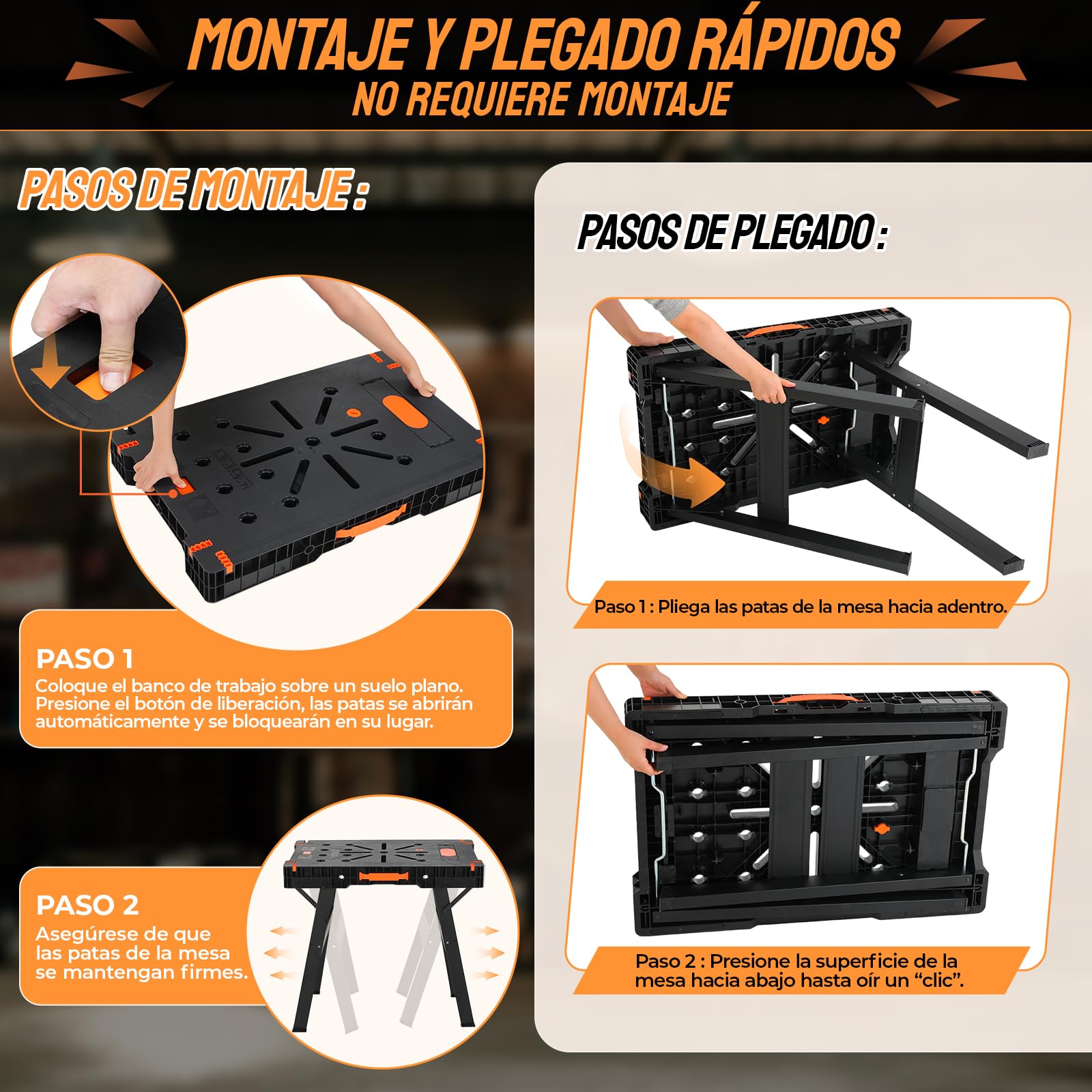 TLGREEN Banco de Trabajo Plegable 2 Piezas, Mesa de Trabajo Portátil | Mesa de Trabajo Plegable con 4 Abrazaderas, Enchufe Integrado, Mesa de Serrar 680kg Combinado, para Taller y Bricolaje