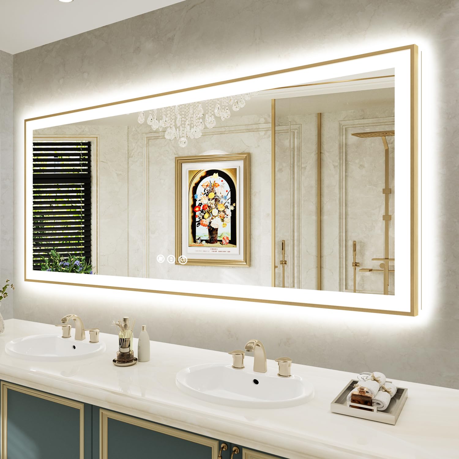 72x32 LED Bathroom Mirror with Lights, Gold Framed Lighted Mirror