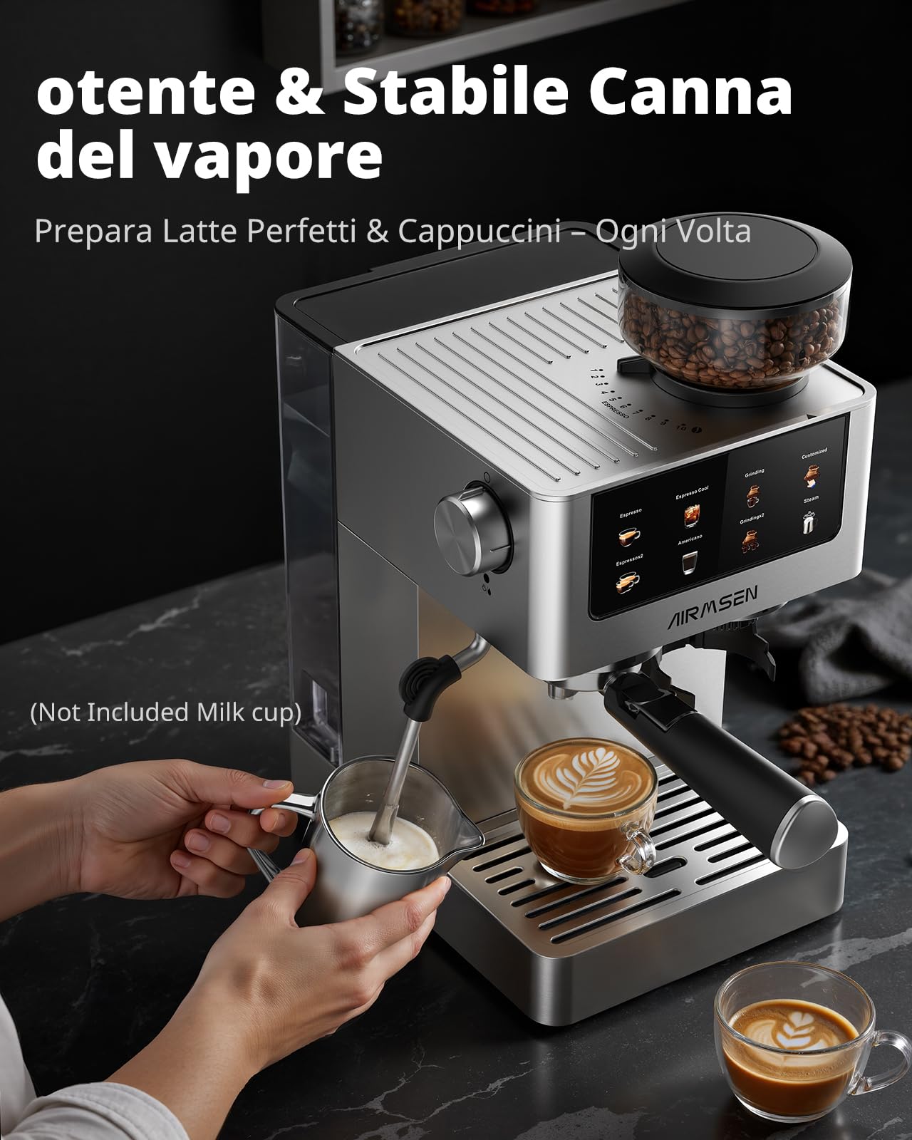 AIRMSEN Macchina per Caffè Espresso con Macinacaffè e Montalatte - Programmable, Compatibile con Caffe Freddo (Cold Brew) e Americano, Macchina da Caffè Domestica per Macinato​/Chicco intero