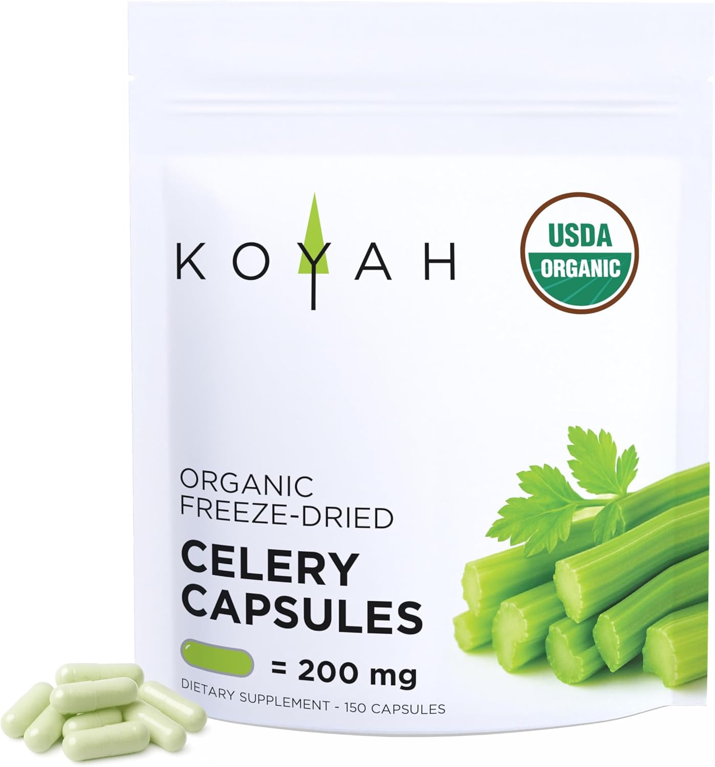 KOYAH - Organic Celery Capsules – 200 mg Freeze-Dried Whole-Stalk Powder (Equals 4,200 mg Fresh) – 150 Vegan Capsules – No Binders or Fillers – USDA Organic, Non-GMO, Gluten-Free