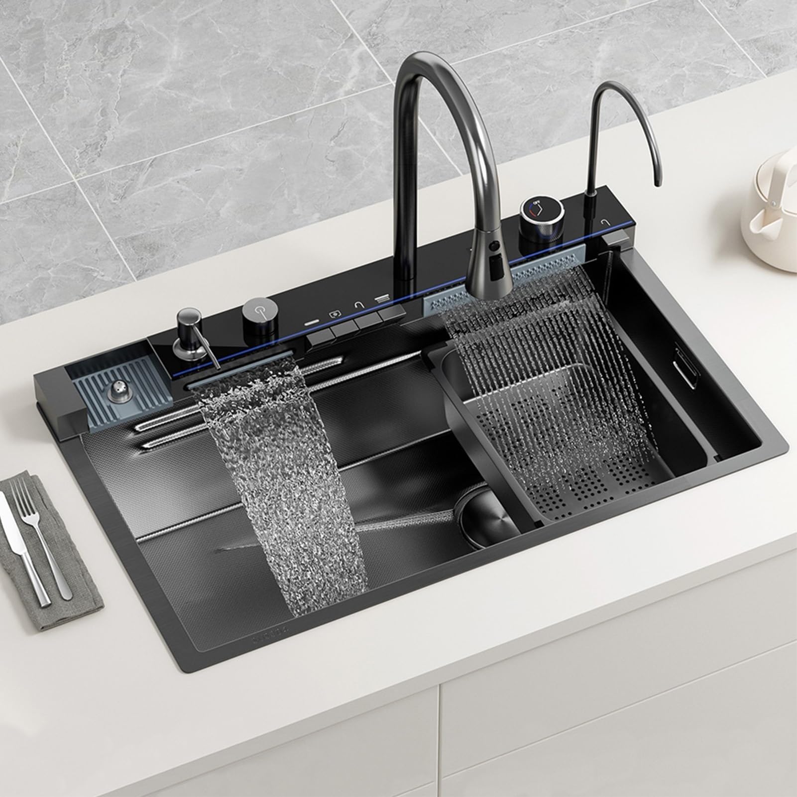 ZQFHSX Two Waterfalls Kitchen Sink Smart Stainless Steel Vegetable Wash Basin With One-piece Faucet(68 * 46CM)