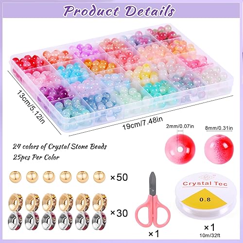 Miniatura 2 de Wutubug Kit de 700 cuentas de vidrio de 0.315 pulgadas para hacer pulseras, cuentas de cristal de 24 colores para hacer joyas, kit de cuentas