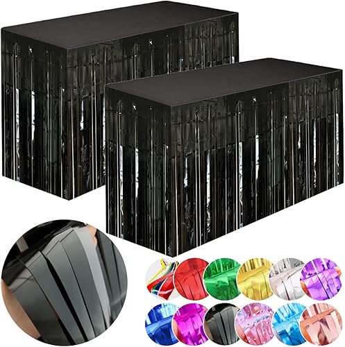 Miniatura 7 de Juego de 2 faldas de mesa con flecos de aluminio negro amplio, guirnalda de guirnalda metálica de oropel para decoración de fiesta de cumpleaños,