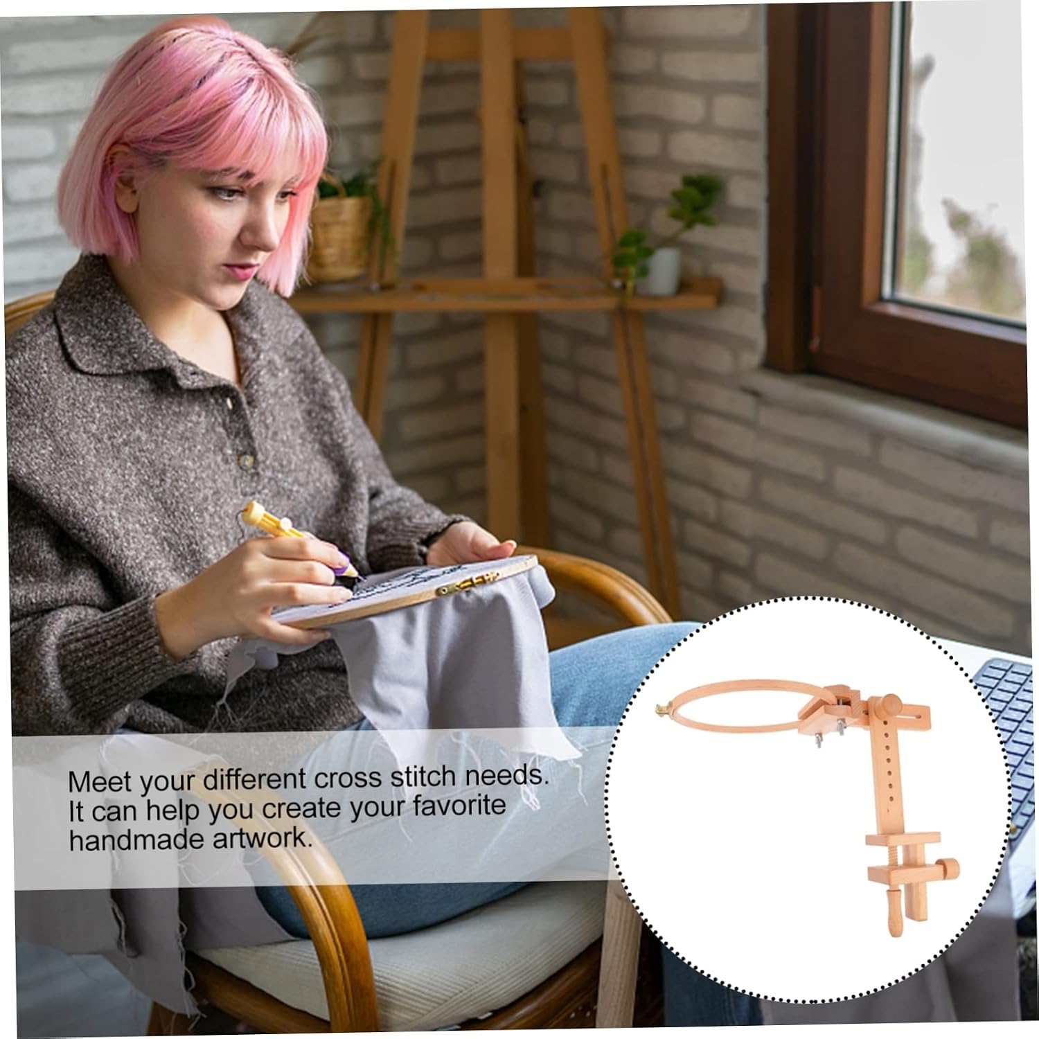 KONTONTY Stitch Hoop Stand 360 Degree Adjustment Embroidery Frame Wooden Embroidery Rack Handmade Tool