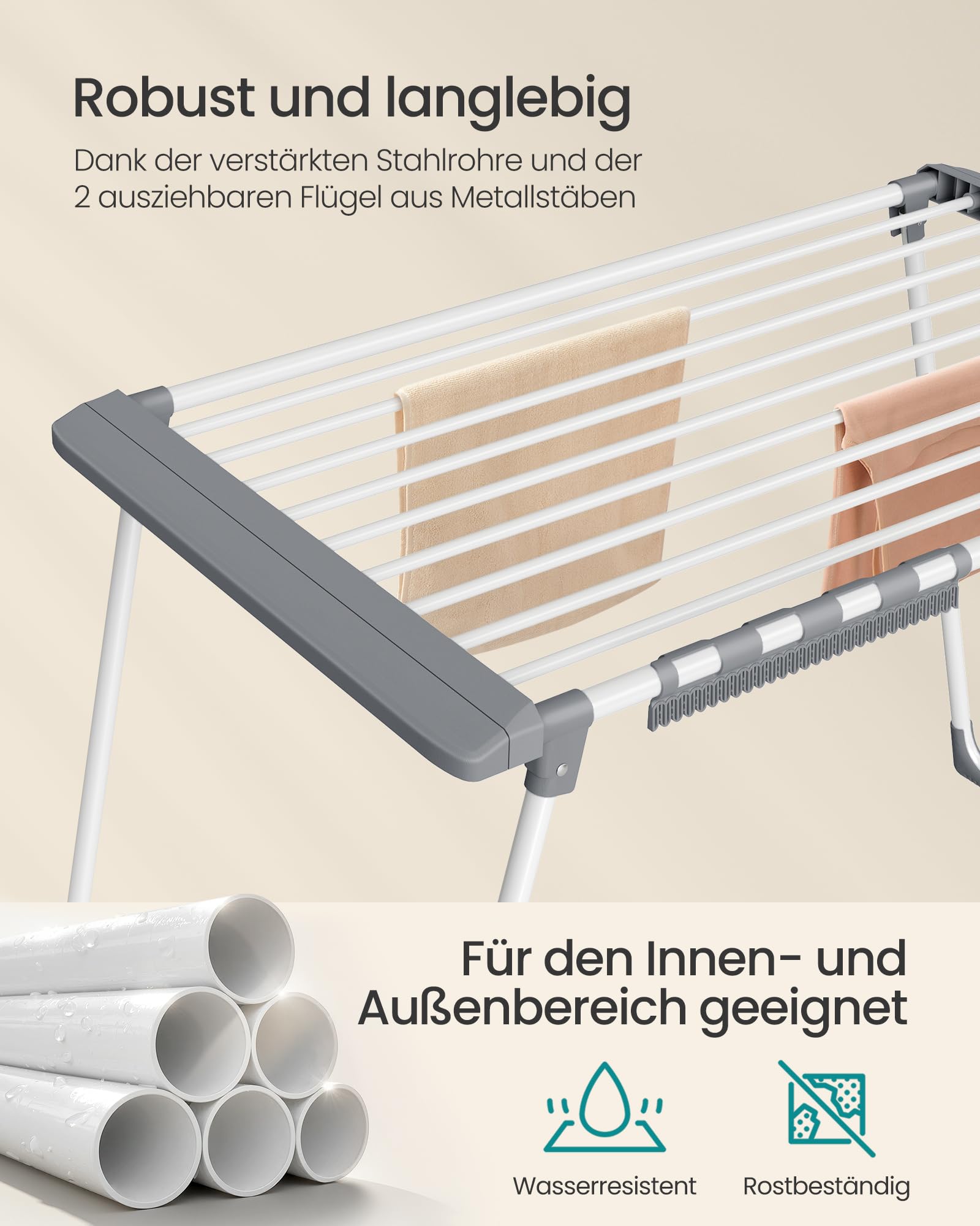 SONGMICS Wäscheständer, Standtrockner, ausziehbare Flügel, Flügelwäscheständer, 22 m Trockenfläche, Flügelwäschetrockner mit Sockenhalter, klappbar, perlweiß-Taubengrau LLR522WK01