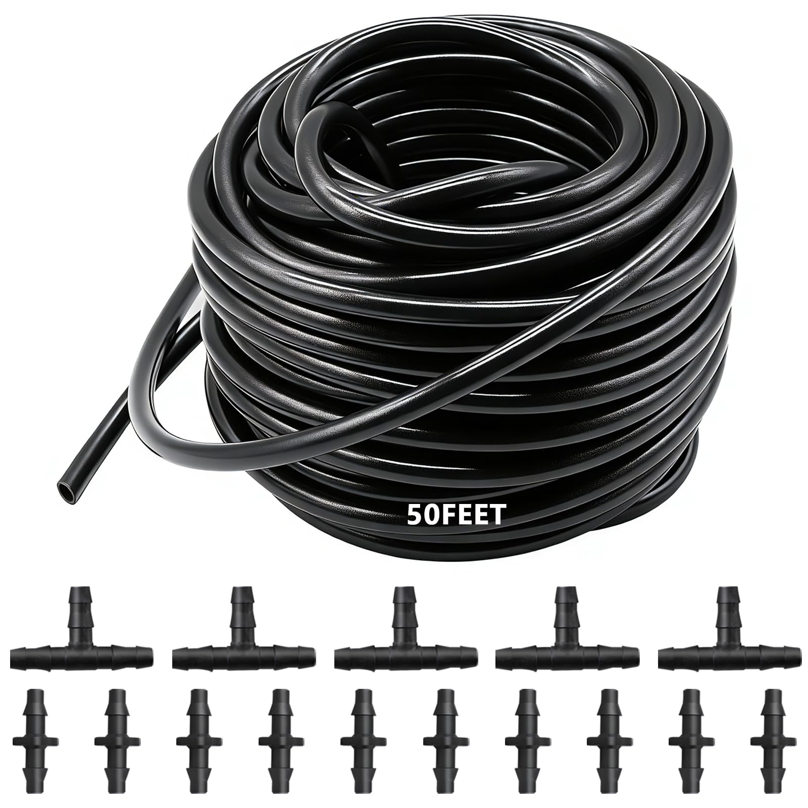 Aienxn 50FT 1/4" Blank Distribution Tubing Drip Irrigation Tubing Drip Irrigation Hose, Garden Watering Tube Line with 15PCS Drip Irrigation Barbed