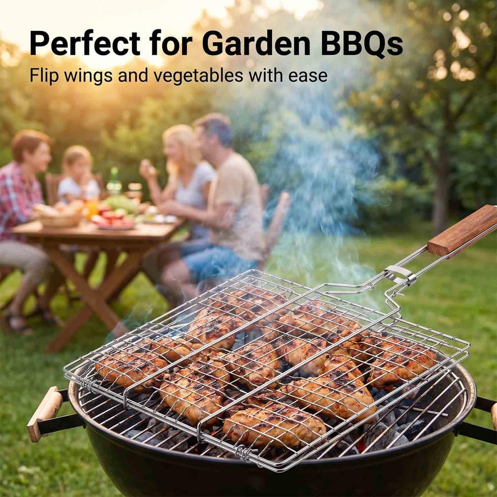 Cestello Grill BBQ con Blocco, Cestello Pieghevole in Acciaio Inox con Manico in Legno, Barbecue Portatile per Pollo, Pesce, Verdure, Bistecca e Cucina Esterna | 1