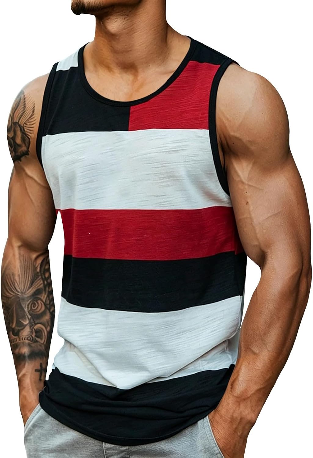 Men Color Block Tank Tops Plus Size Summer Trendy U Neck Tee Sports Cut Off Tee Gym Bodybuilding Sleeveless T Shirts