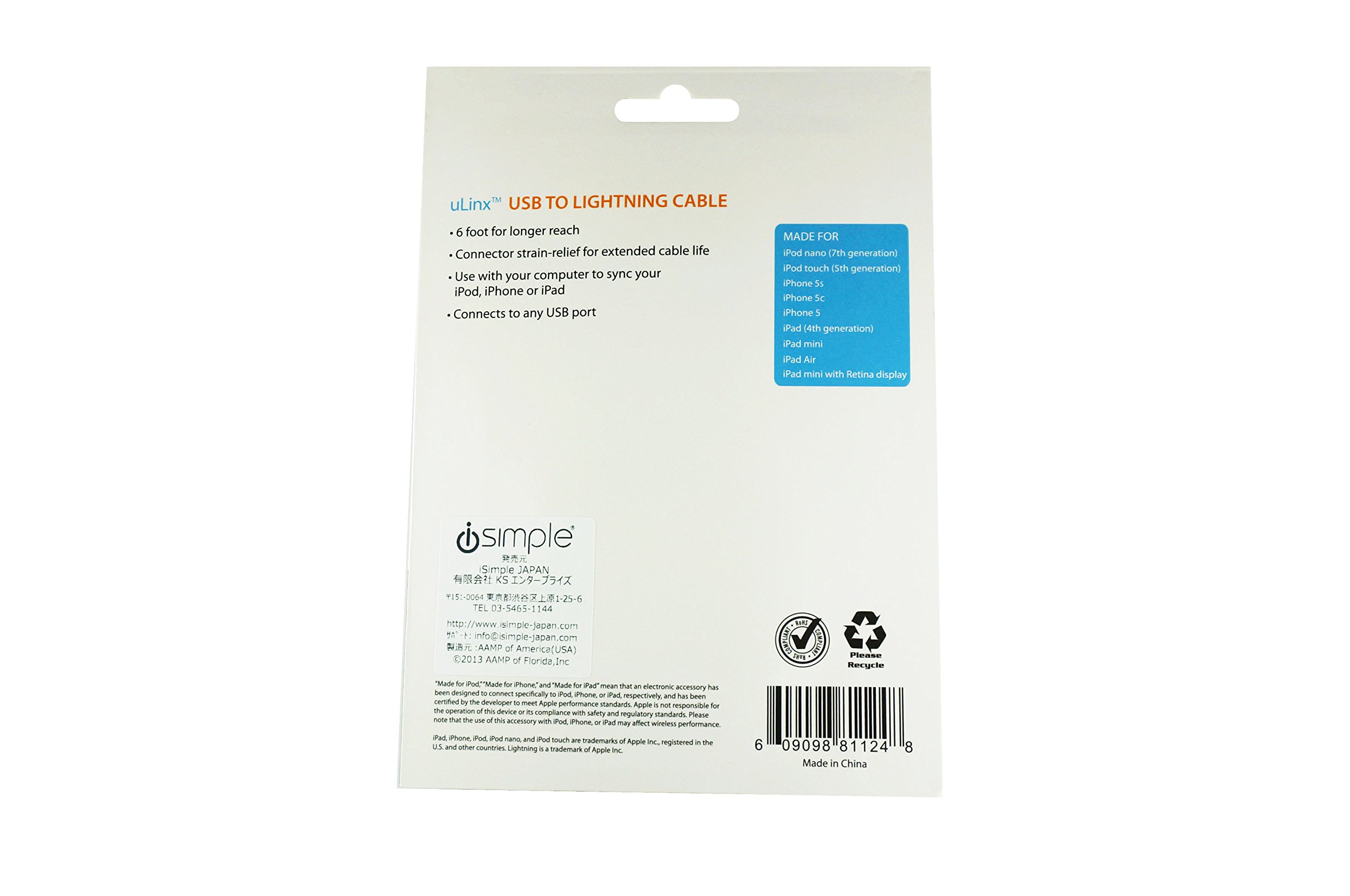 PAC iSimple USB to Lightning Cable for Charging and Syncing your iPod iPhone or iPad