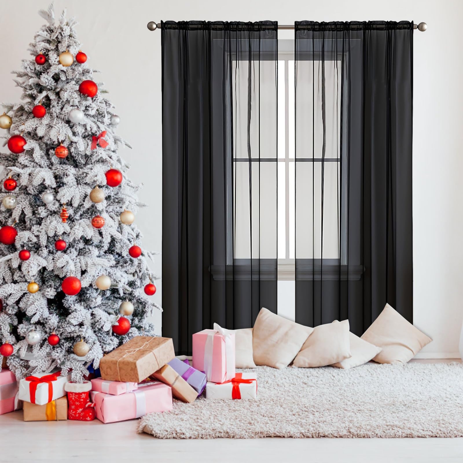 Voilage 50x220 semi-transparent noir rideau effet lin salon chambre