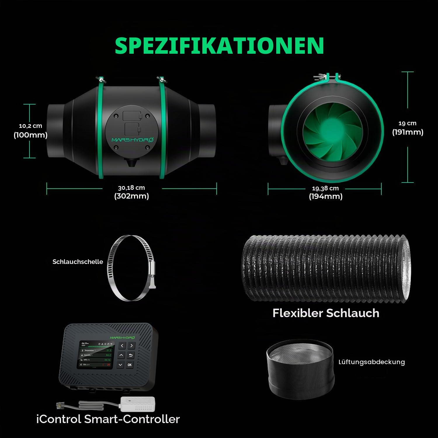 MARS HYDRO 4" Rohrventilator 100mm/Abluftset mit iControl Temperatur- & Feuchtigkeitsregler, App-Fernsteuerung, Aktivkohlefilter-Kombo + Abluftschlauch，Belüftungssystem Lüftungsset für Growzelt