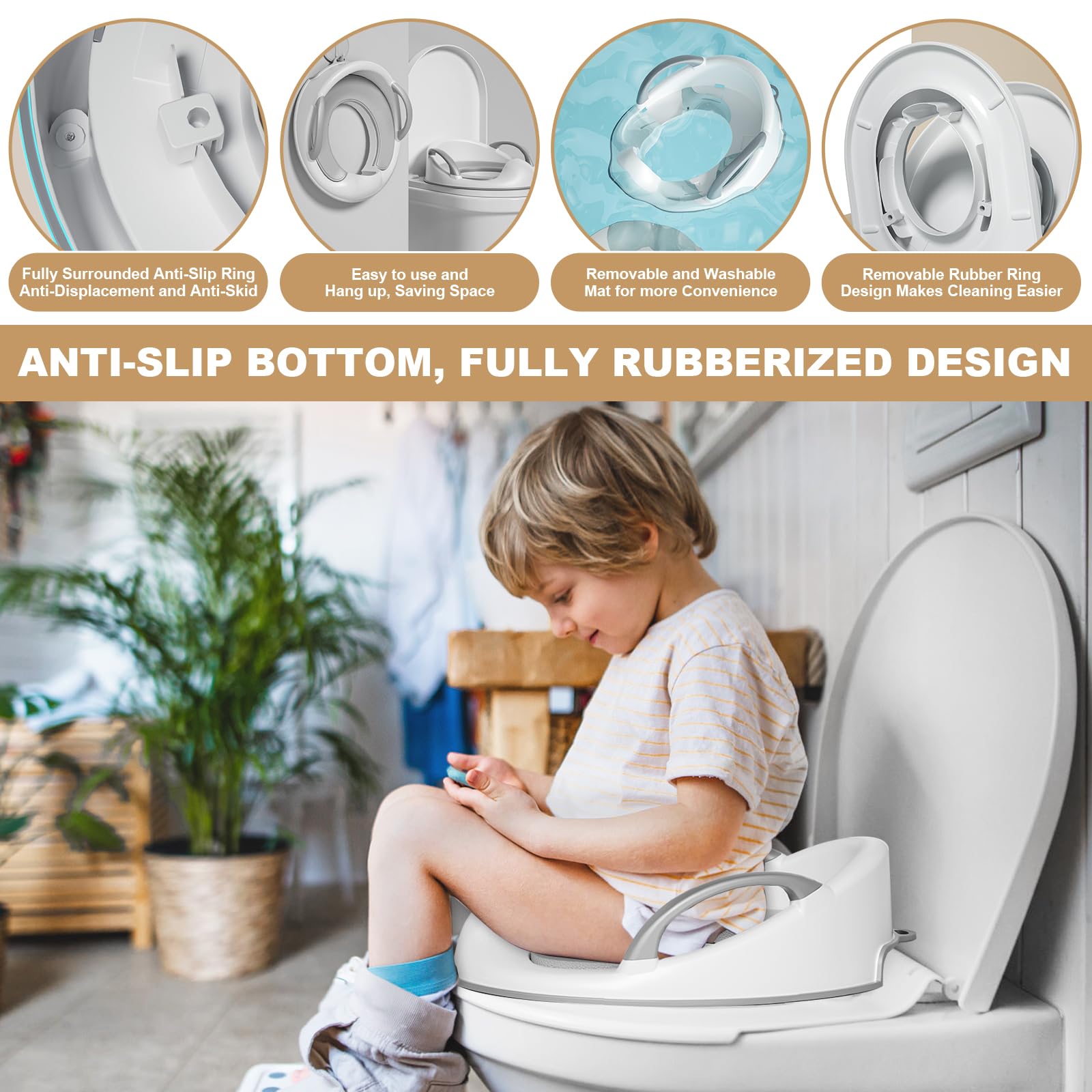 Réducteur Toilette Enfant,Adaptateur Toilette Enfant avec Poignée et Dossier,Réducteurs de Toilettes Antidérapante pour Garçons et Filles pour Bébé de 1 à 5 Ans(1Crochet 1Pinceau 2 Coussins)