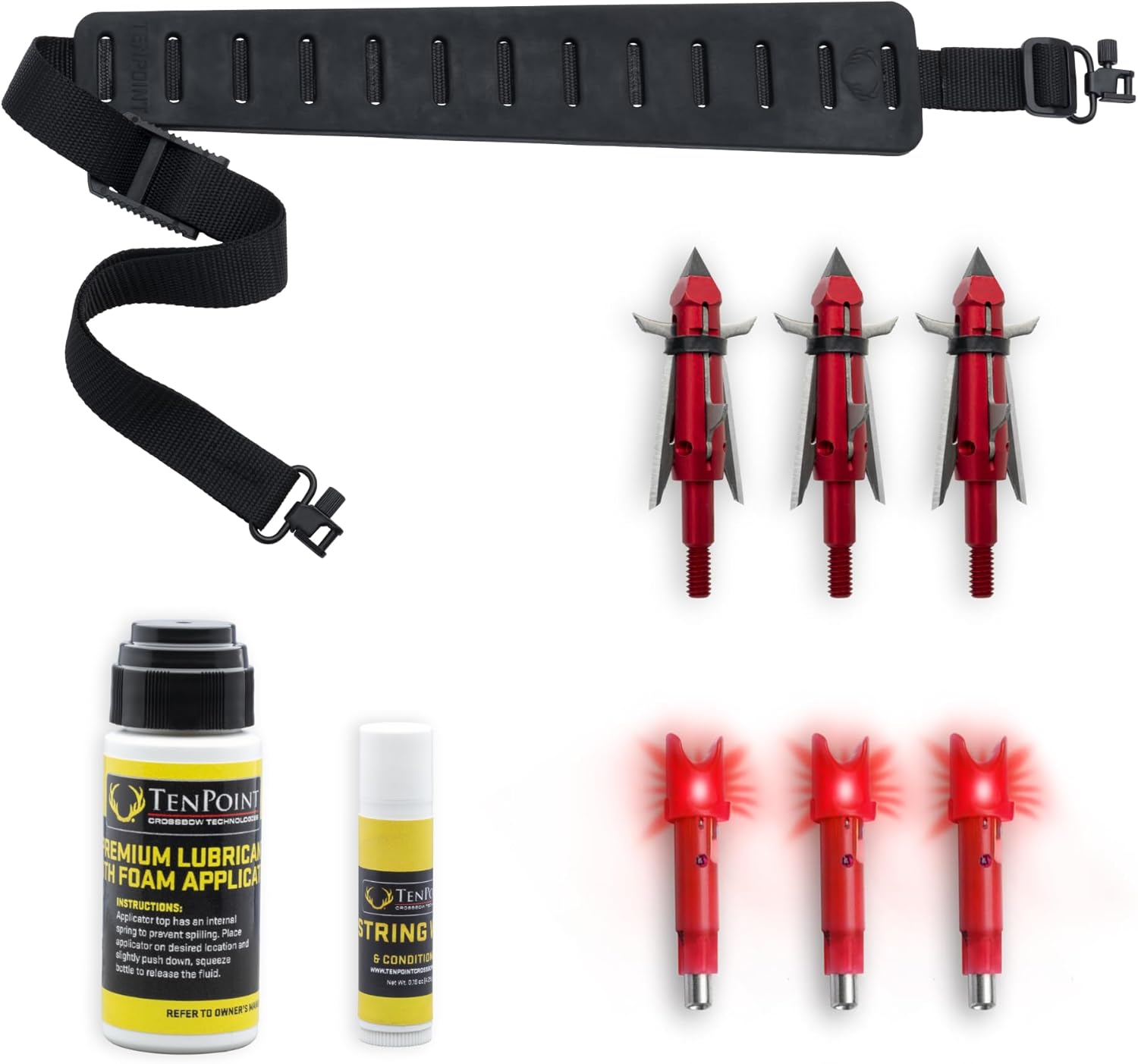 TenPoint Ready-to-Hunt Accessory Package - Includes Three Alpha-Blaze HPX Lighted Nocks, Three Nemesis Broadheads, Premium Grip Sling, String Wax & Conditioner + Premium Lubricant