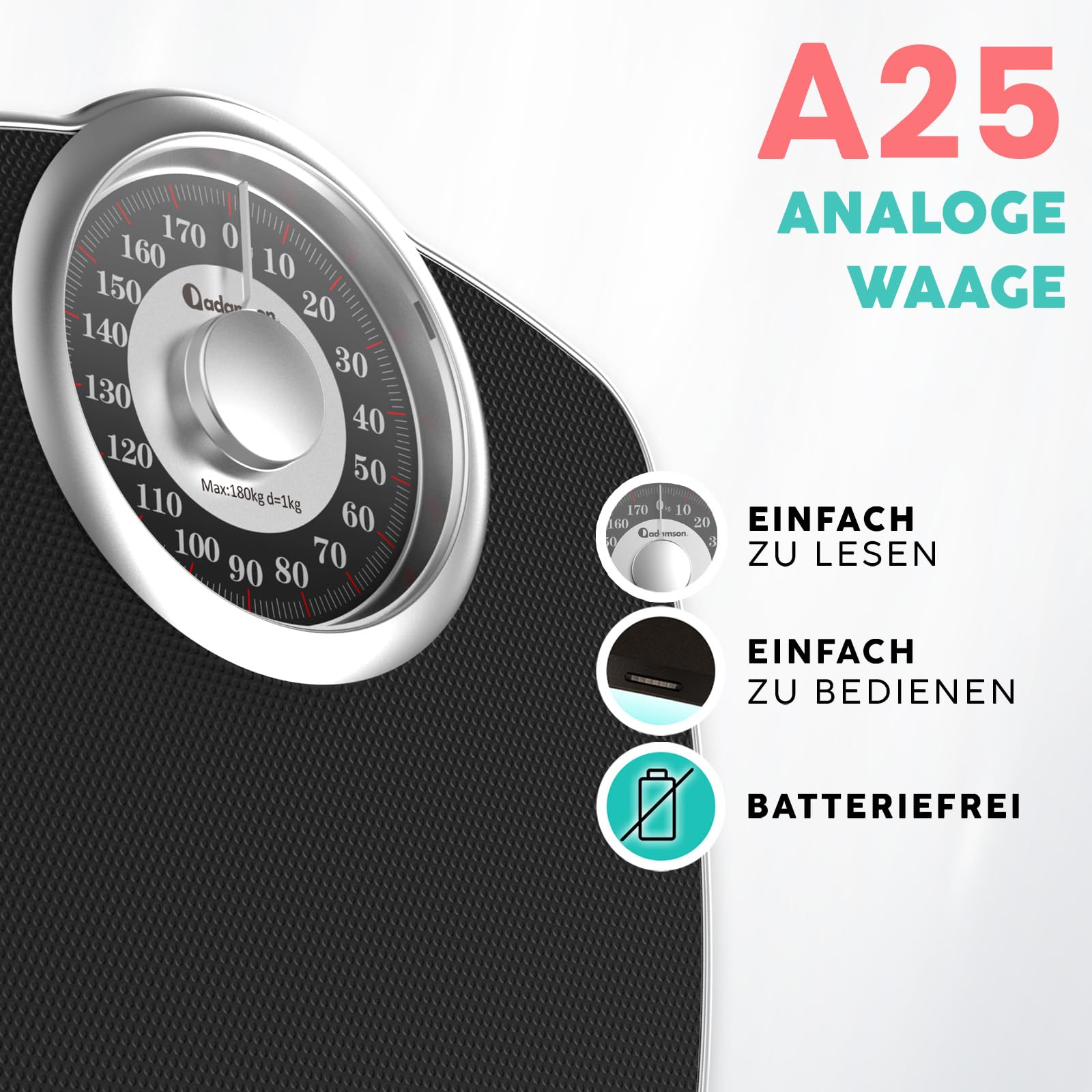 Adamson A25 Personenwaage – bis zu 180 kg – 5,3 Zoll Zifferblatt auf 31 x 30 cm großer Plattform – Rutschfeste Gummioberfläche – Hochpräzise analoge Personenwaage – 20 Jahren Garantie - Silber