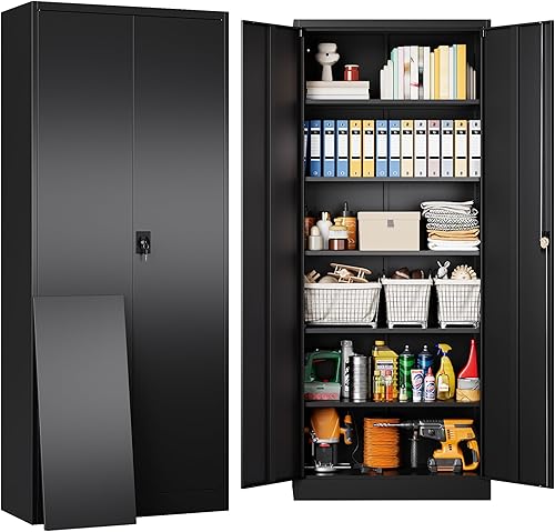 Miniatura 12 de SISESOL Armario de almacenamiento de metal blanco con 5 estantes ajustables, gabinete de metal de 71 pulgadas de alto con puertas con cerradura,