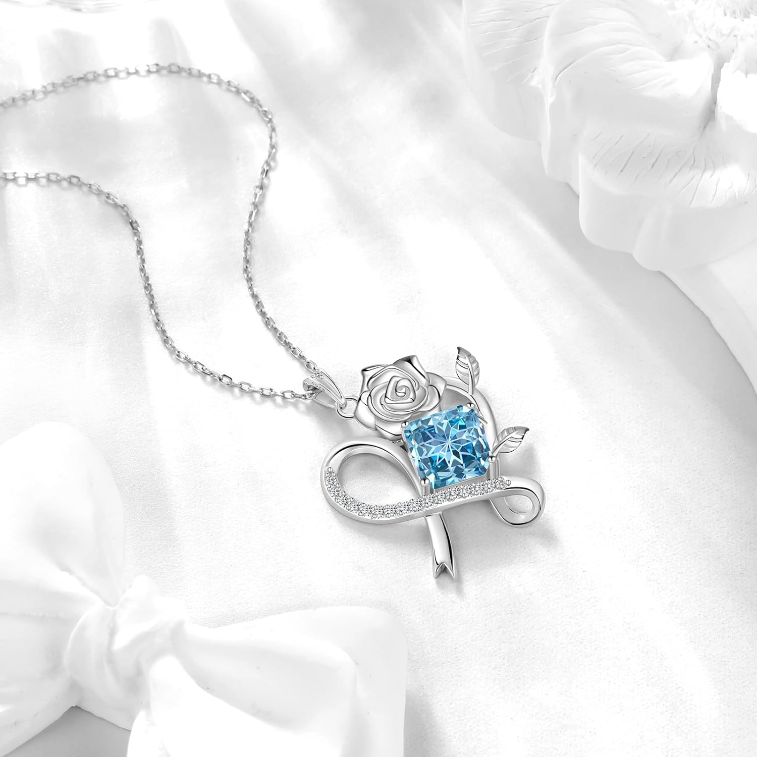Aurora Tears Birthstone Love Heart Rose Pendant Necklace - 925 Sterling Silver Snowflake Cut Square Cubic Zirconia Ribbon Necklace Anniversary Birthday Jewelry Gift for Women Wife Mom Daughter - Image 2