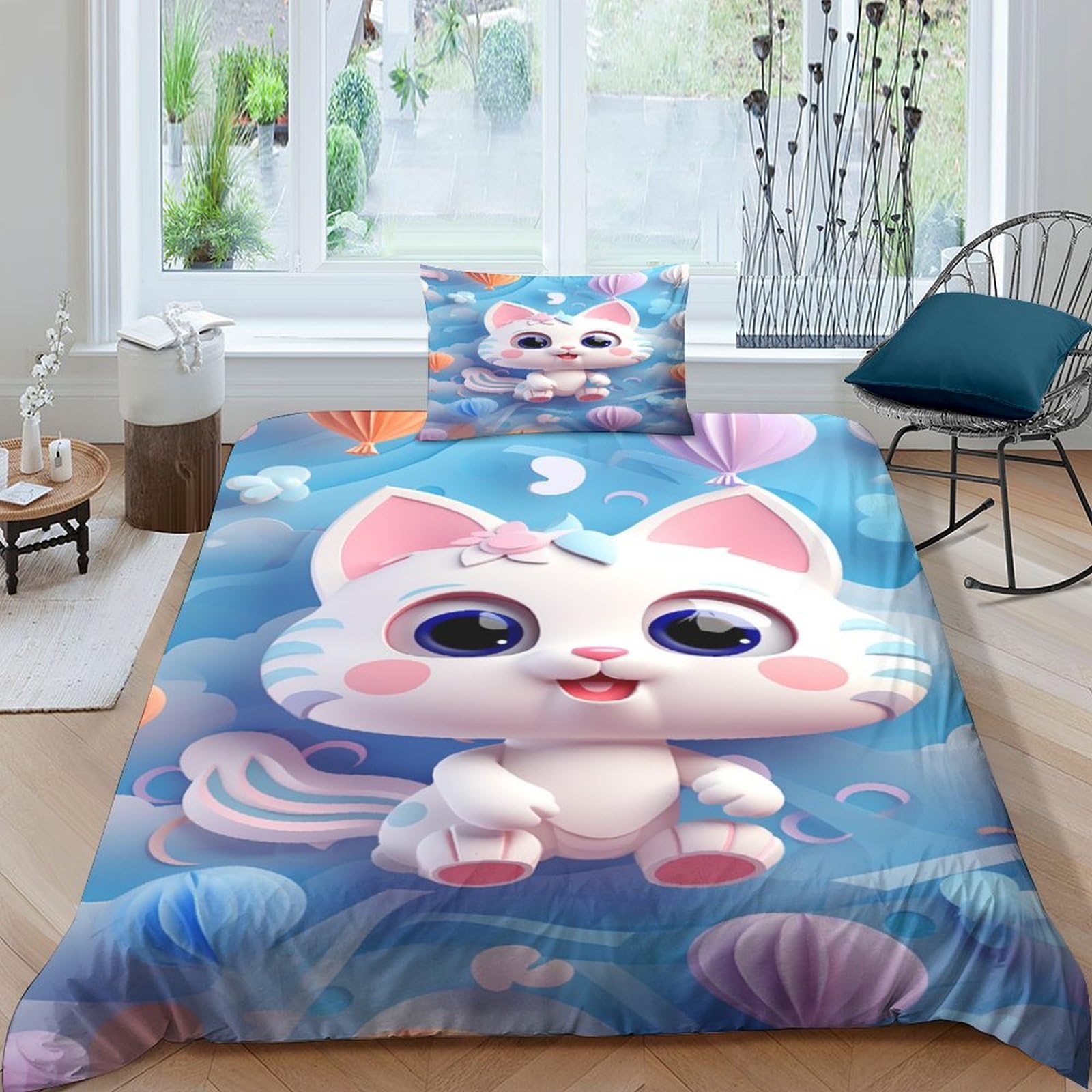 Housses de couettes chat 3D en microfibre premium : parure de lit durable avec taies
