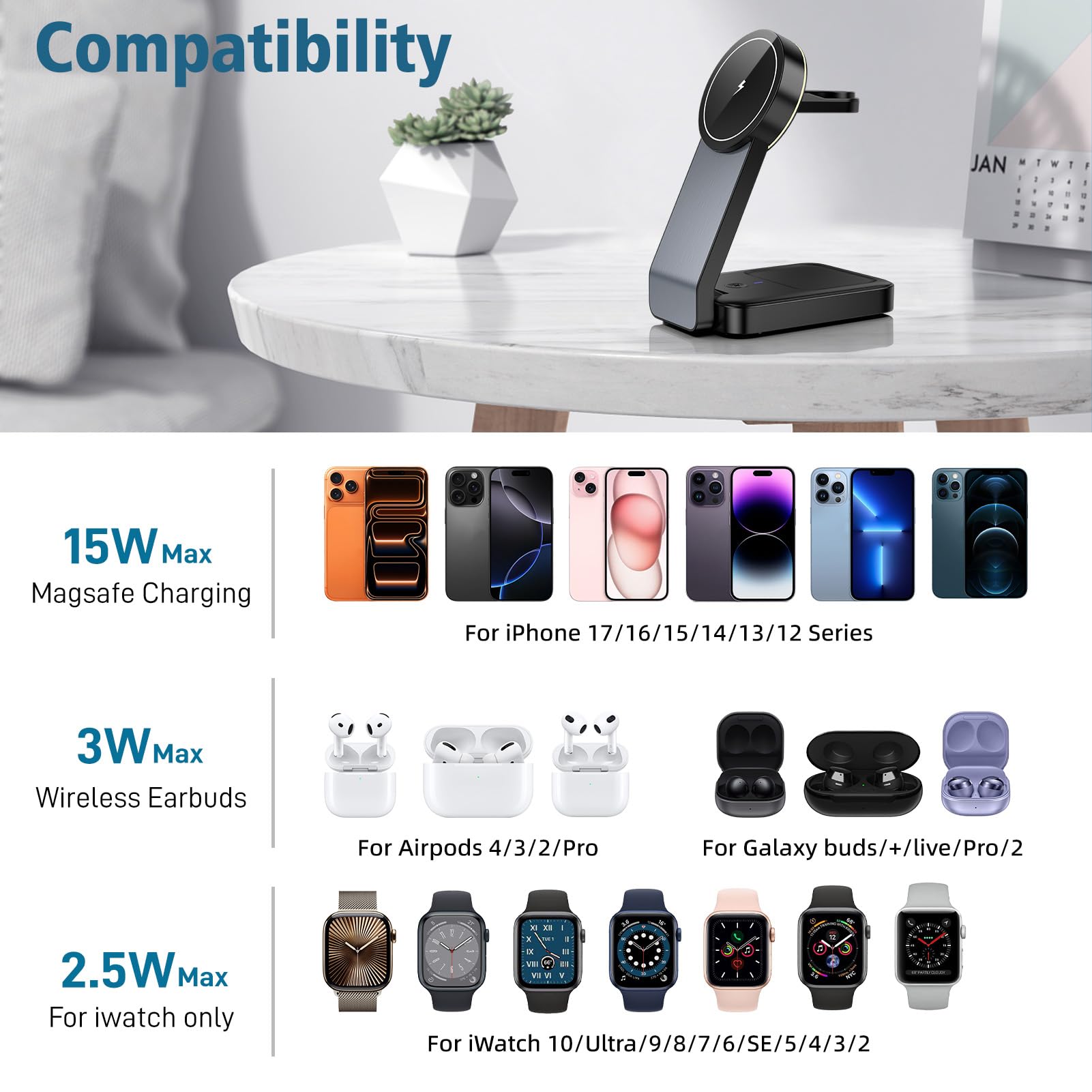 Induktive Ladestation, 3 w 1 Magnetische Kabelloses Ladegerät 15w dla iphone 15 16 14 13 12 Pro Max, Apple Watch Ladestation dla iwatch 8 7 6, Wireless Charger for Airpods Pro 3/2 z Light … (black)