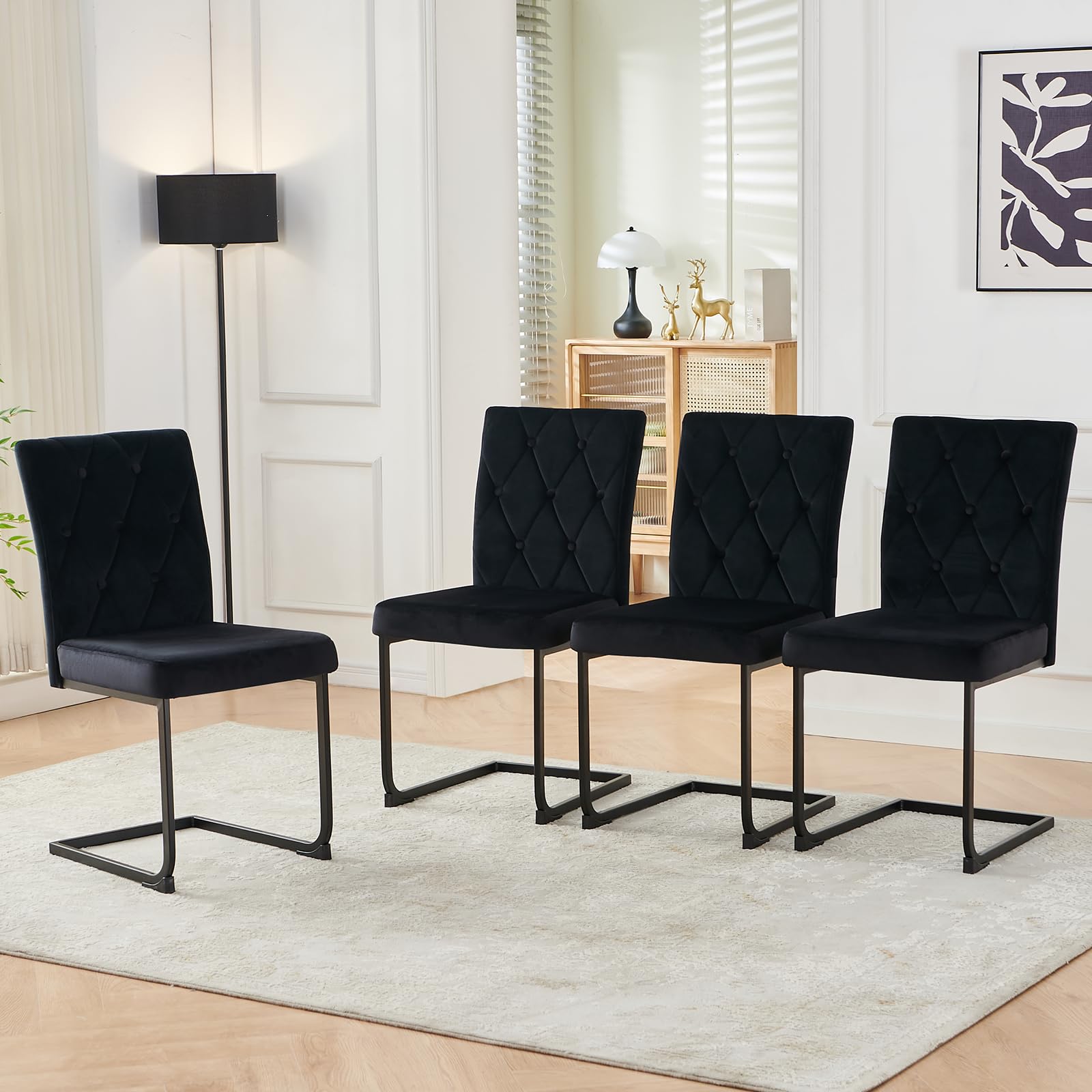 JaHECOME Velvet Dining Chairs with Black Chrome Legs Set of 4 High Back Upholstered Seat Side Chairs for Kitchen Living Room(4,Black)