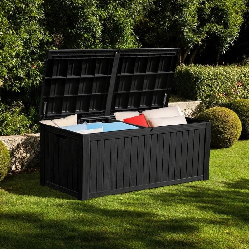 yitahome 150 gallon large deck box w/divider, xl waterproof outdoor storage for patio furniture,outdoor cushions, garden tools, sports equipment and pool supplies, resin, lockable, black 150 gallon black
