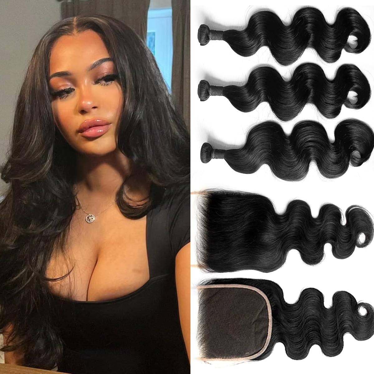 KRN Body Wave Bundles with Closure Human Hair, Real 5x5 HD Lace Closure with Bundles (26 28 30+24 Inch) 12A Unprocessed Brazilian Virgin Human Hair Bundles with Closure Natural Color Thick Full End