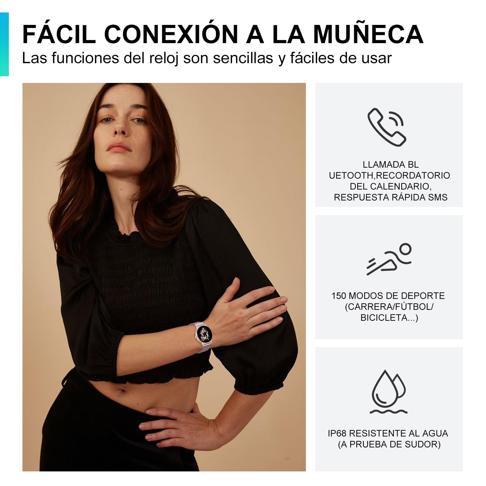 AcclaFit Reloj Inteligente Mujer Hombre, 1.85" Smartwatch con Llamadas Bluetooth, 140+ Modos Deportivos con SpO2/Pulsómetro/Monitor de Sueño/Podómetro, Impermeable IP68 para Android iOS