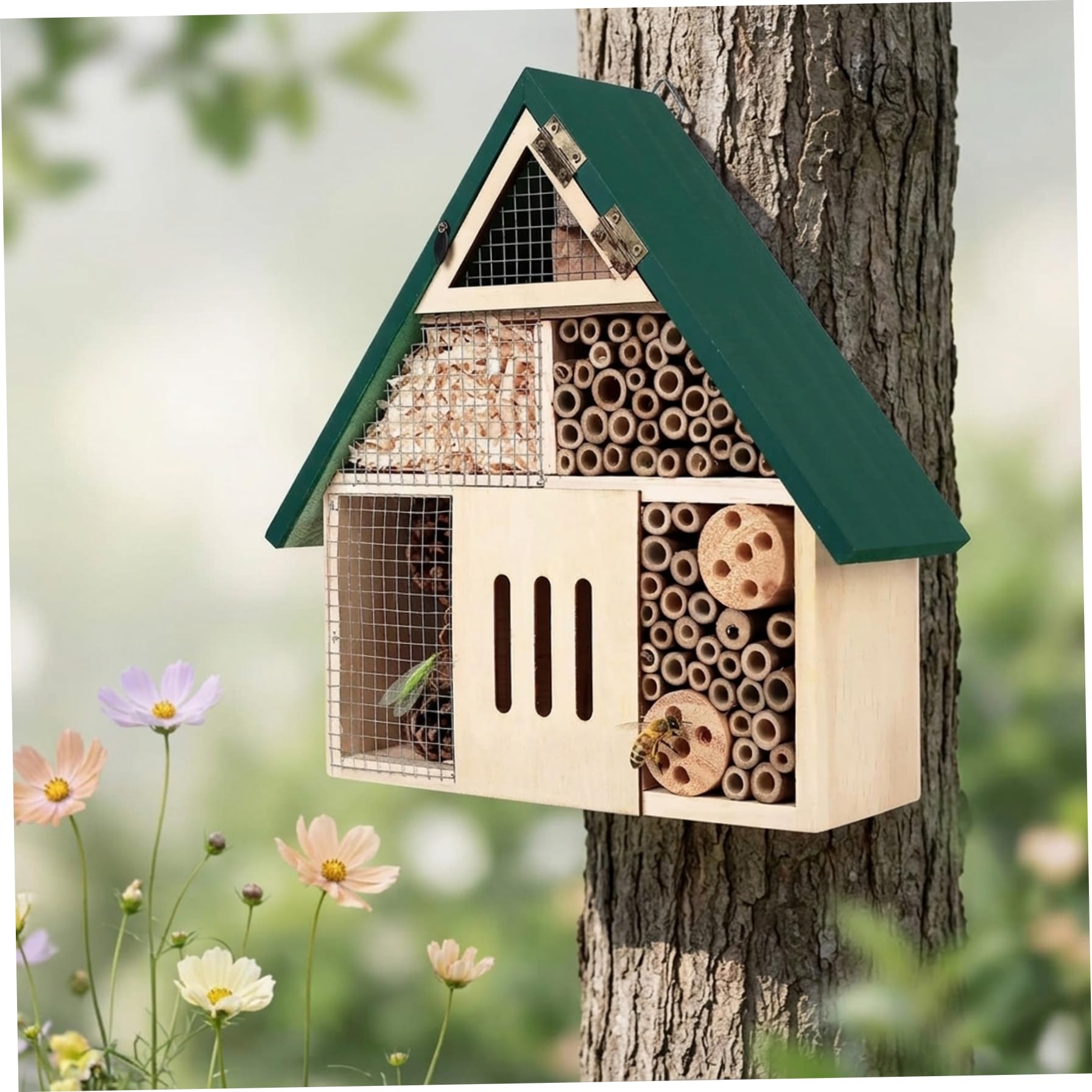 Casette per da Giardino, Hotel per Insetti in Legno Naturale con Tetto Verde, Habitat sospeso per muratrici, e Insetti benefici, Decorazione da Giardino per Esterni Casetta PE