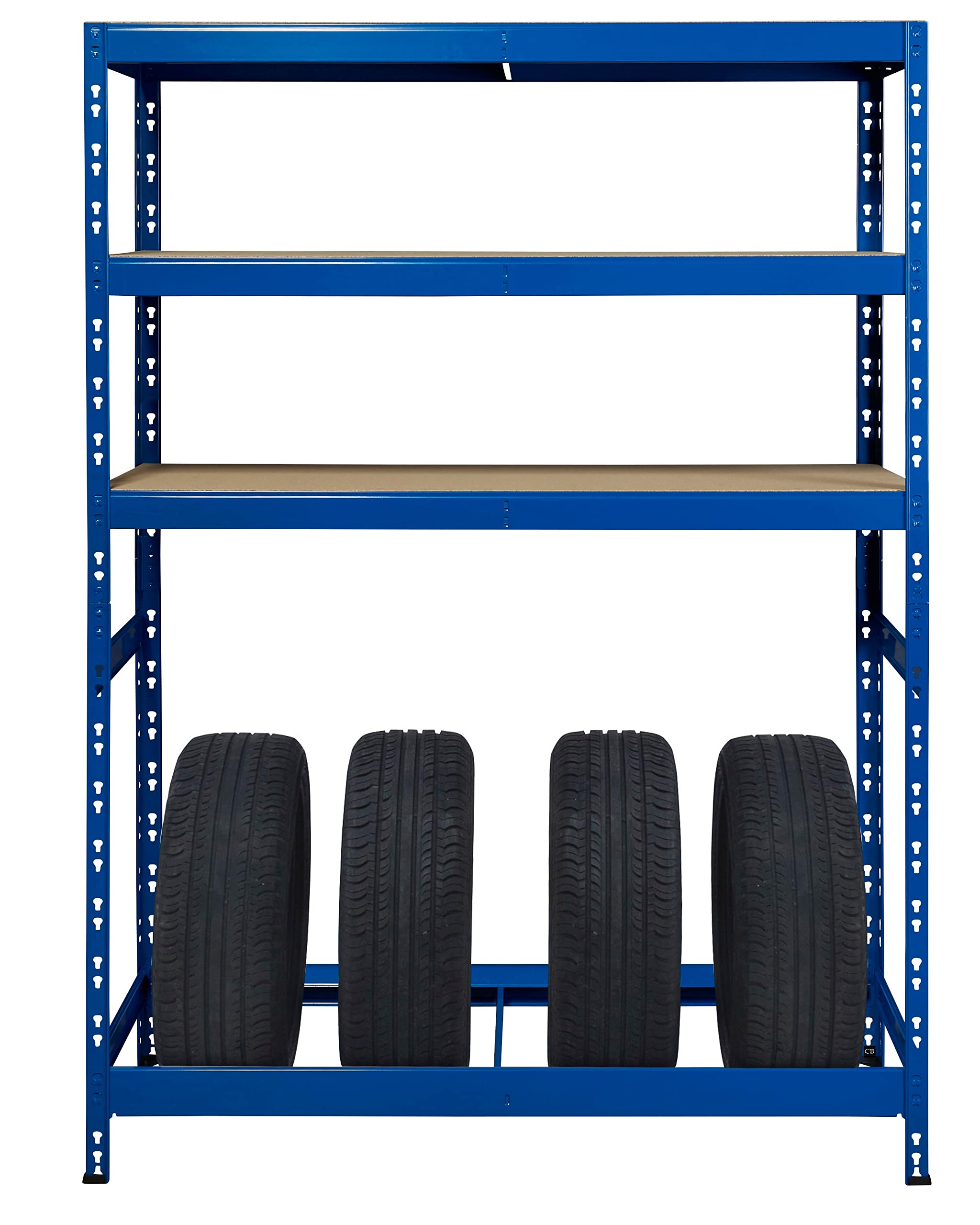 Schwerlastregal als Reifenregal | für 8 Reifen ✓ 110 cm breit | blau ✓ Werkstattregal Reifenständer Garagenregal (1, 1 Reifen Ebene + 3 Ablage Ebenen)