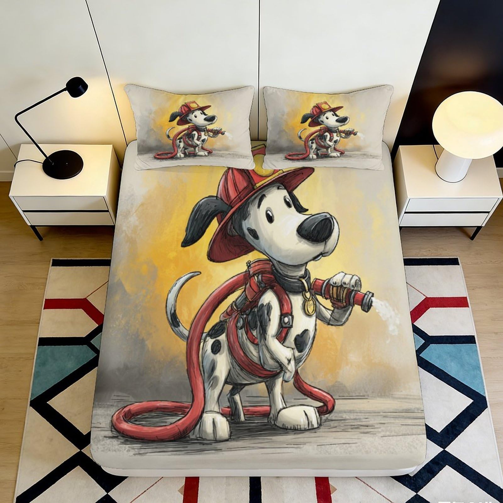 3D Printed Firefighter Dog Fitted Sheet Microfiber Soft Breathable Cartoon Puppy Bed Cover for Bedroom Dormitory Guest Room Mattress Protection 200x200x25cm