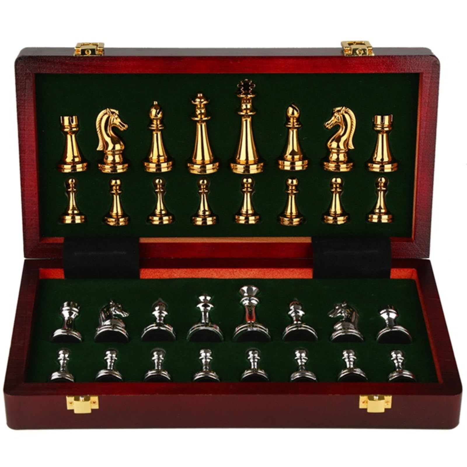 Jeu d'échecs en bois avec armée en métal style rétro et coffret rigide