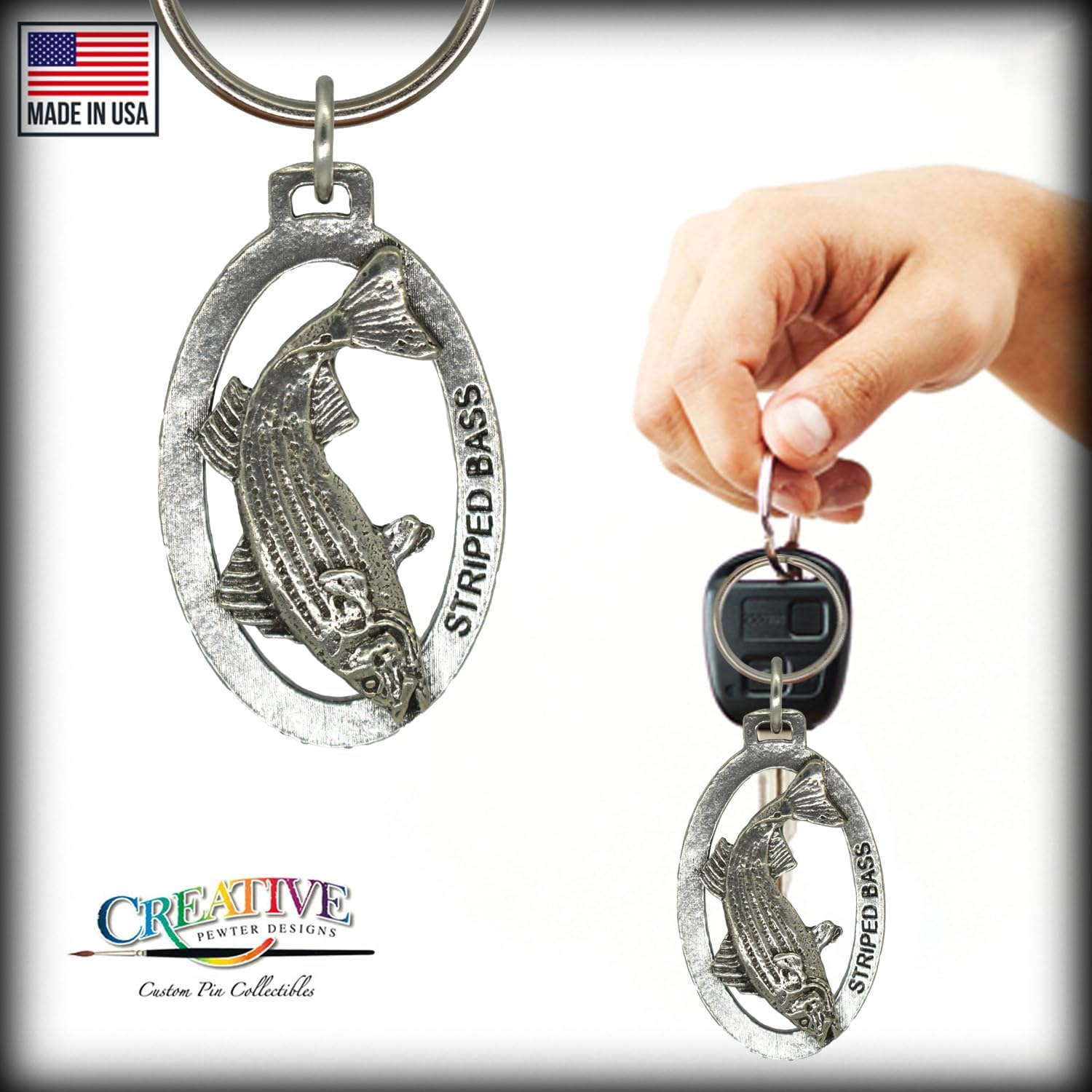 Striped Bass Keychain, Pewter, S052KC, 2”, 100% Handmade in the USA, Fish Keychain, Saltwater Key Chain, Striped Bass Key Ring, Key Fob, Fishing Gift, 200 Fish Designs Available. image 3