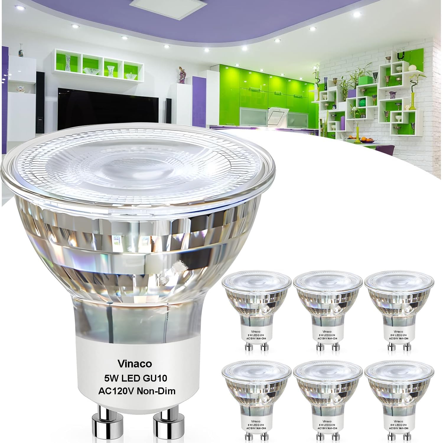 Vinaco GU10 LED Light Bulbs Non-Dimmable, 6PCS Long Lasting MR16 GU10 LED Bulb 5000K Daylight White Flicker-Free, 450LM GU 10 Bulb 5W (50W Equivalent)