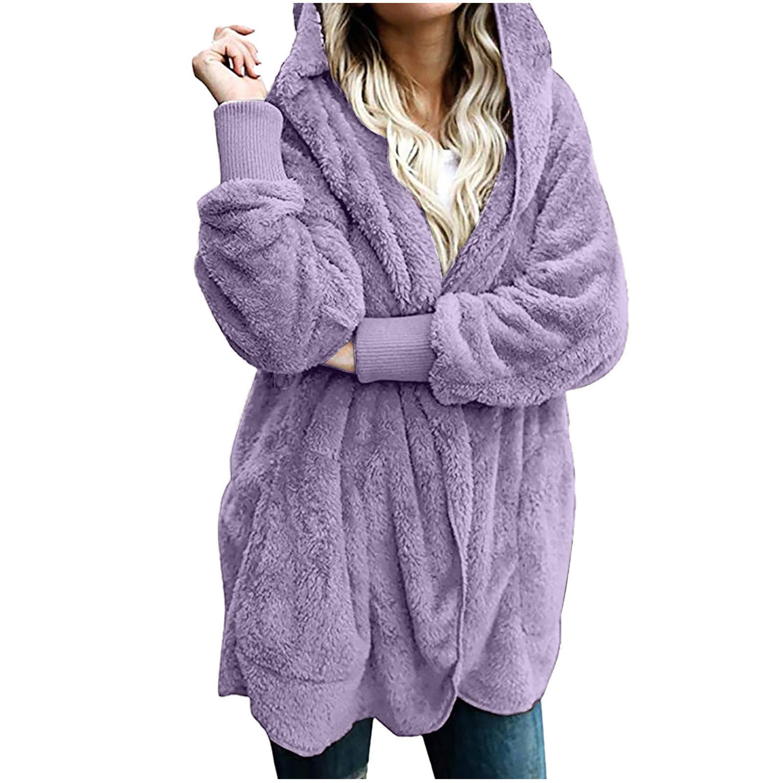 Womens Fuzzy Fleece Cardigan Long Sleeve Solid Open Front Hooded Cardigans Jacket Coats 2025 Winter Outerwear with Pocket